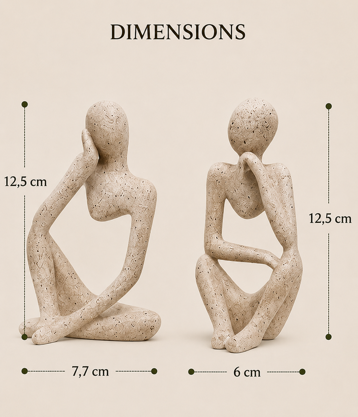 Dimensions des sculptures abstraites Shizuka en résine : 12,5 cm de hauteur, 7,7 cm et 6 cm de largeur.