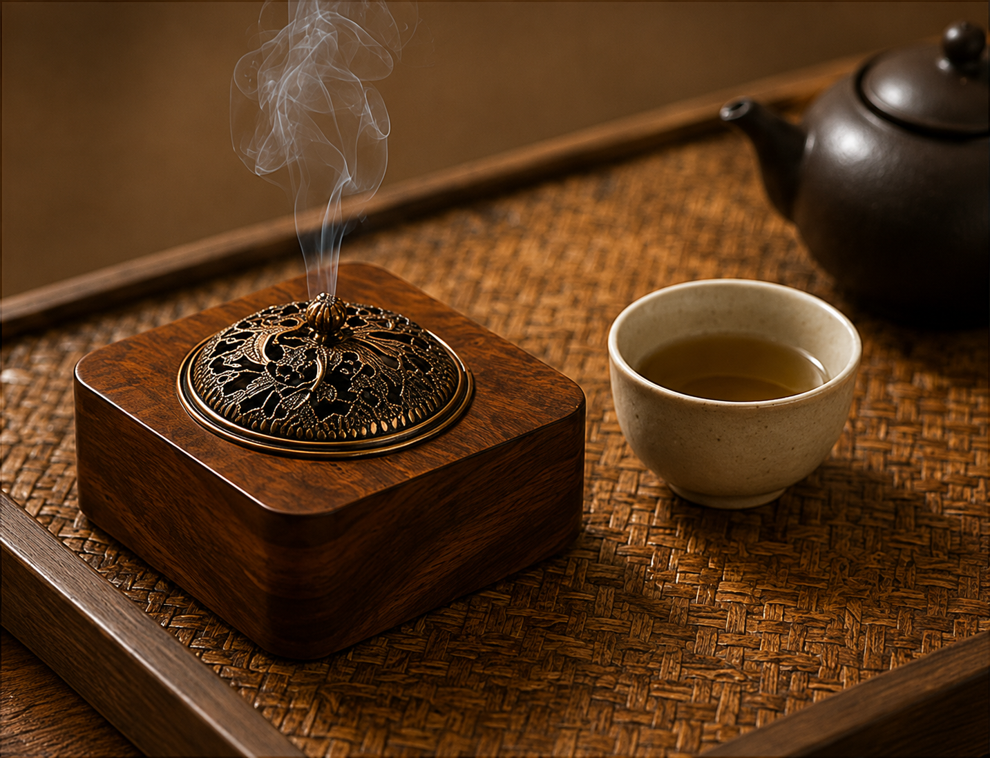 Brûleur d'encens Kazen Mavoryu en bois massif diffusant la fumée d'encens avec tasse de thé japonaise
