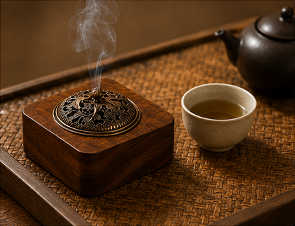 Brûleur d'encens Kazen Mavoryu en bois massif diffusant la fumée d'encens avec tasse de thé japonaise