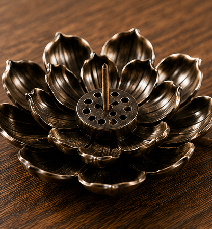 Gros plan du porte-encens lotus Hasu en alliage avec finition bronze et pétales détaillés.