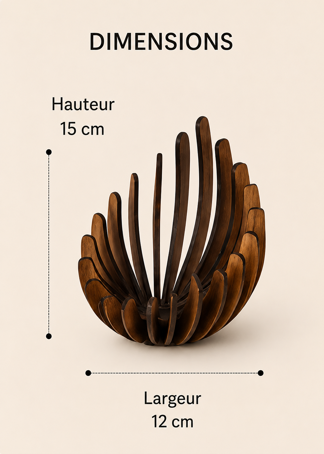 Dimensions du photophore Akari en bois naturel – hauteur 15 cm et largeur 12 cm
