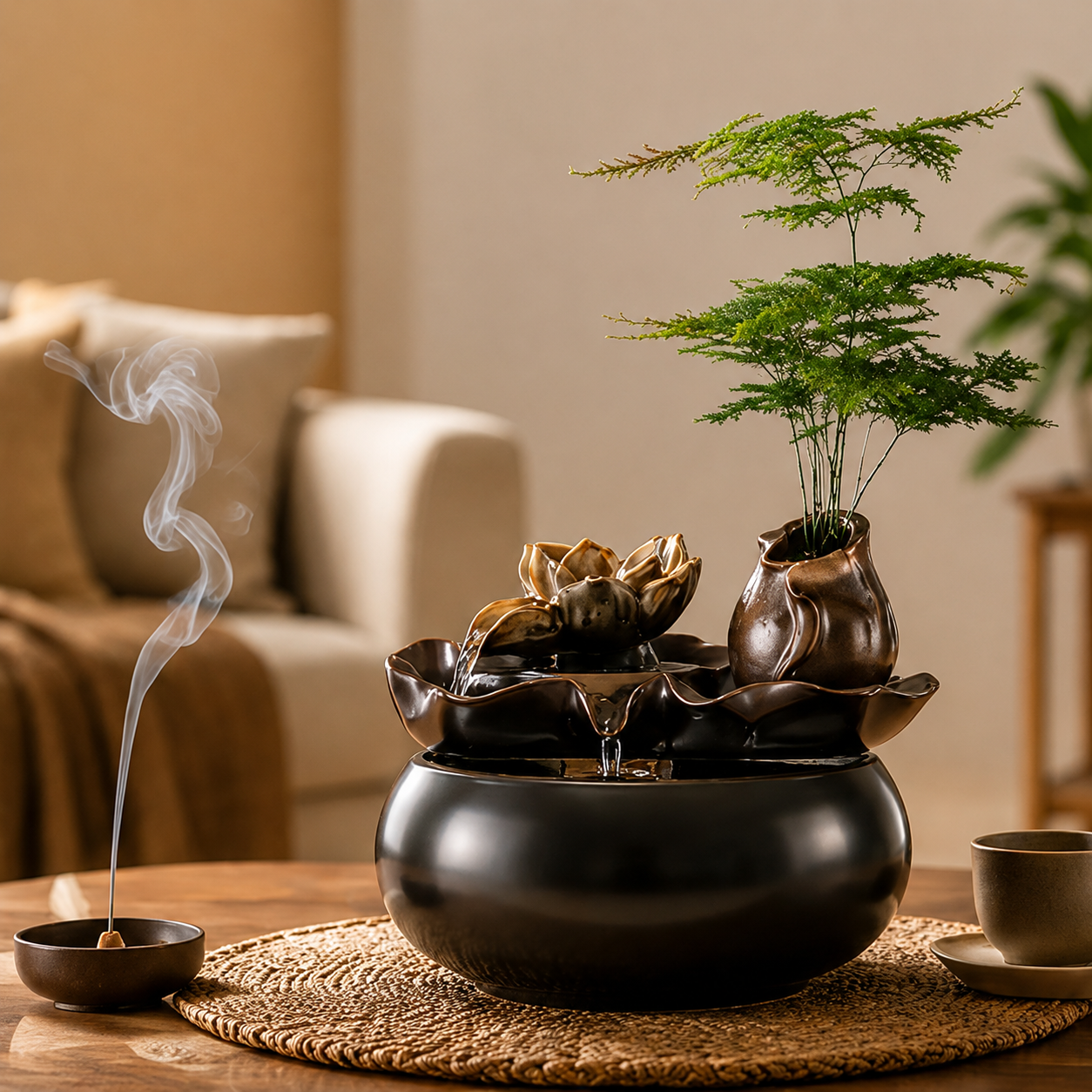 Fontaine d'intérieur Kaori sur une table en bois dans un salon au style Japandi.