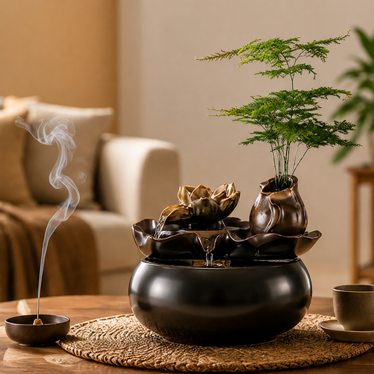Fontaine d'intérieur Kaori sur une table en bois dans un salon au style Japandi.