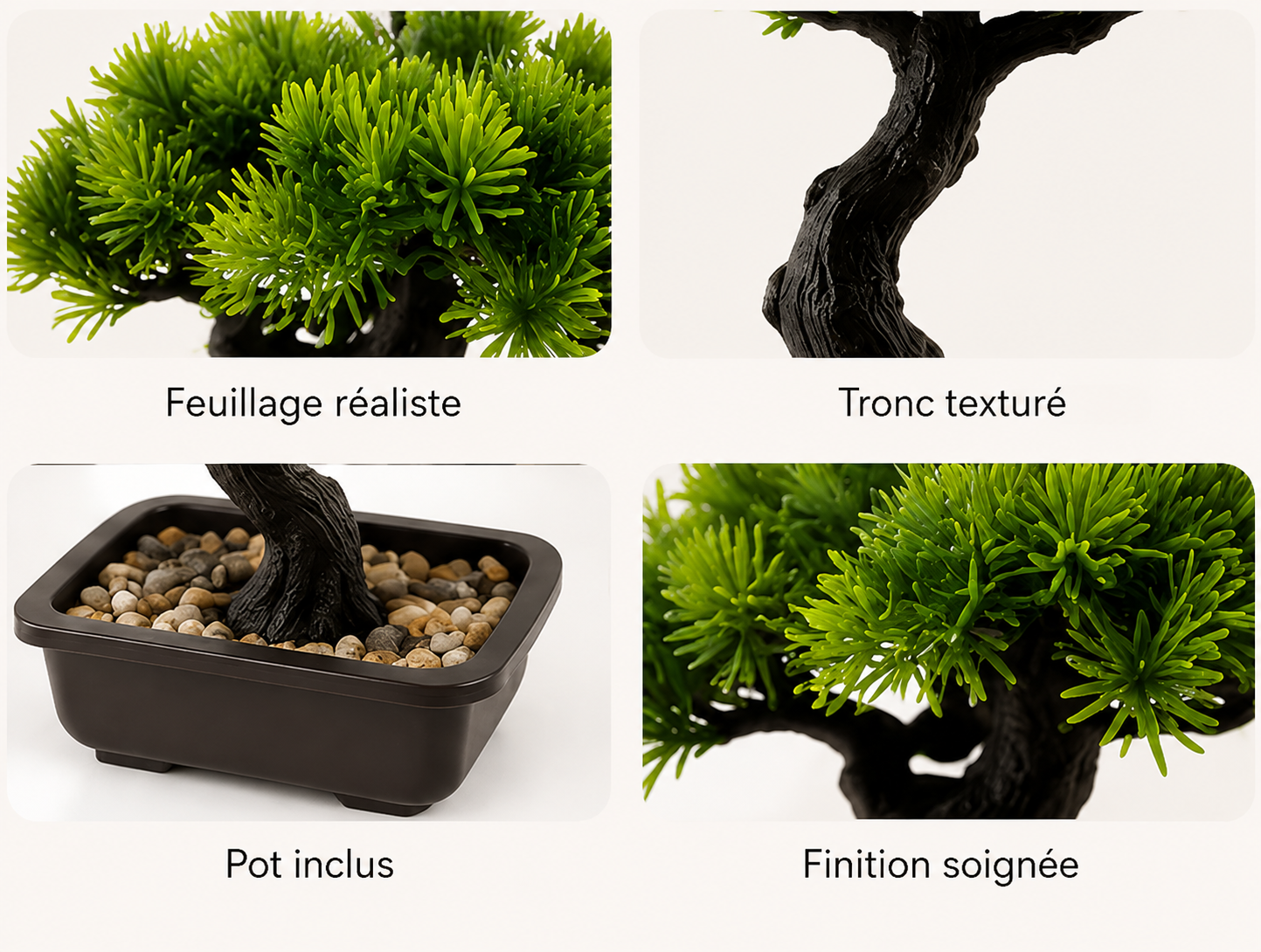 Détails du bonsaï artificiel Daichi : feuillage réaliste, tronc texturé, pot noir et finition soignée.
