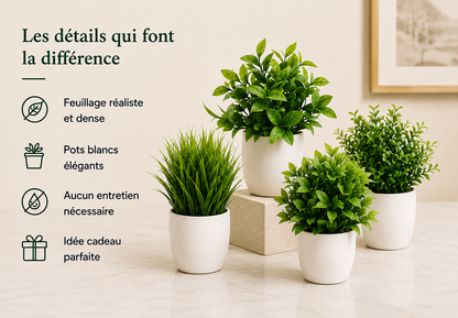 Lot de 4 plantes artificielles Kiyomi avec feuillage réaliste, pots blancs élégants et décoration sans entretien.