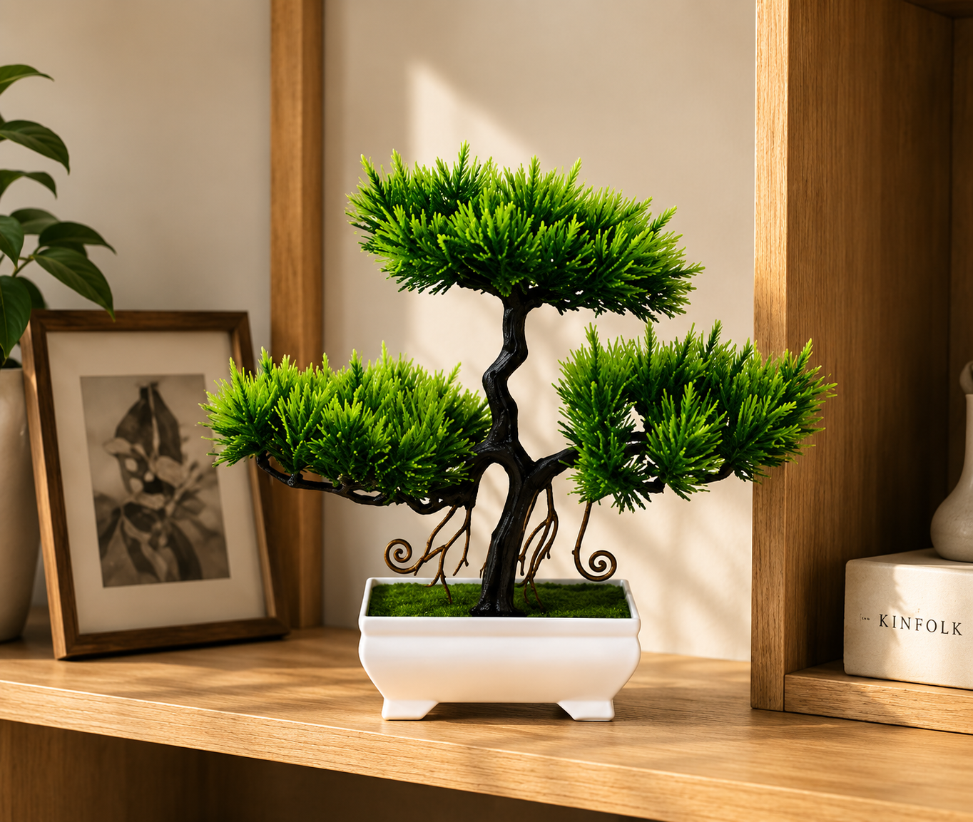 Bonsaï artificiel Takumi en pot blanc sur une étagère en bois dans une décoration Japandi élégante