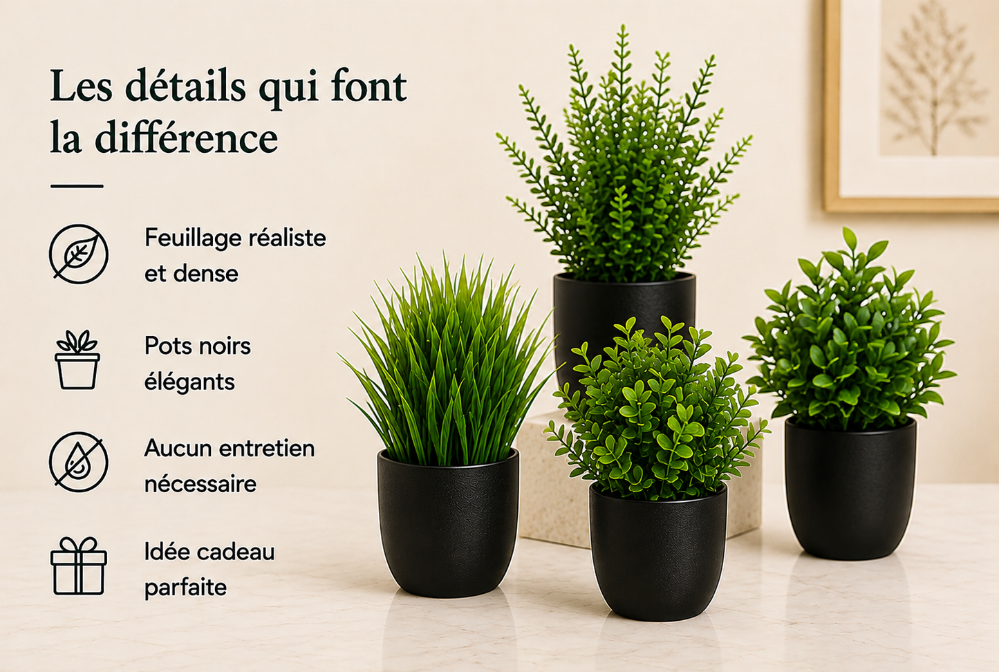 Lot de 4 plantes artificielles Haruki avec feuillage réaliste, pots noirs élégants et décoration sans entretien.