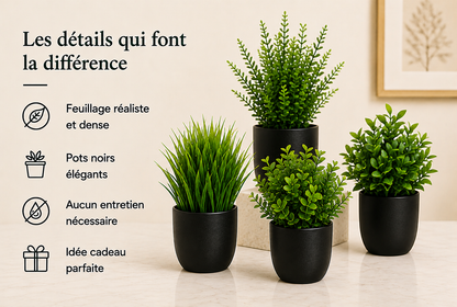 Lot de 4 plantes artificielles Haruki avec feuillage réaliste, pots noirs élégants et décoration sans entretien.