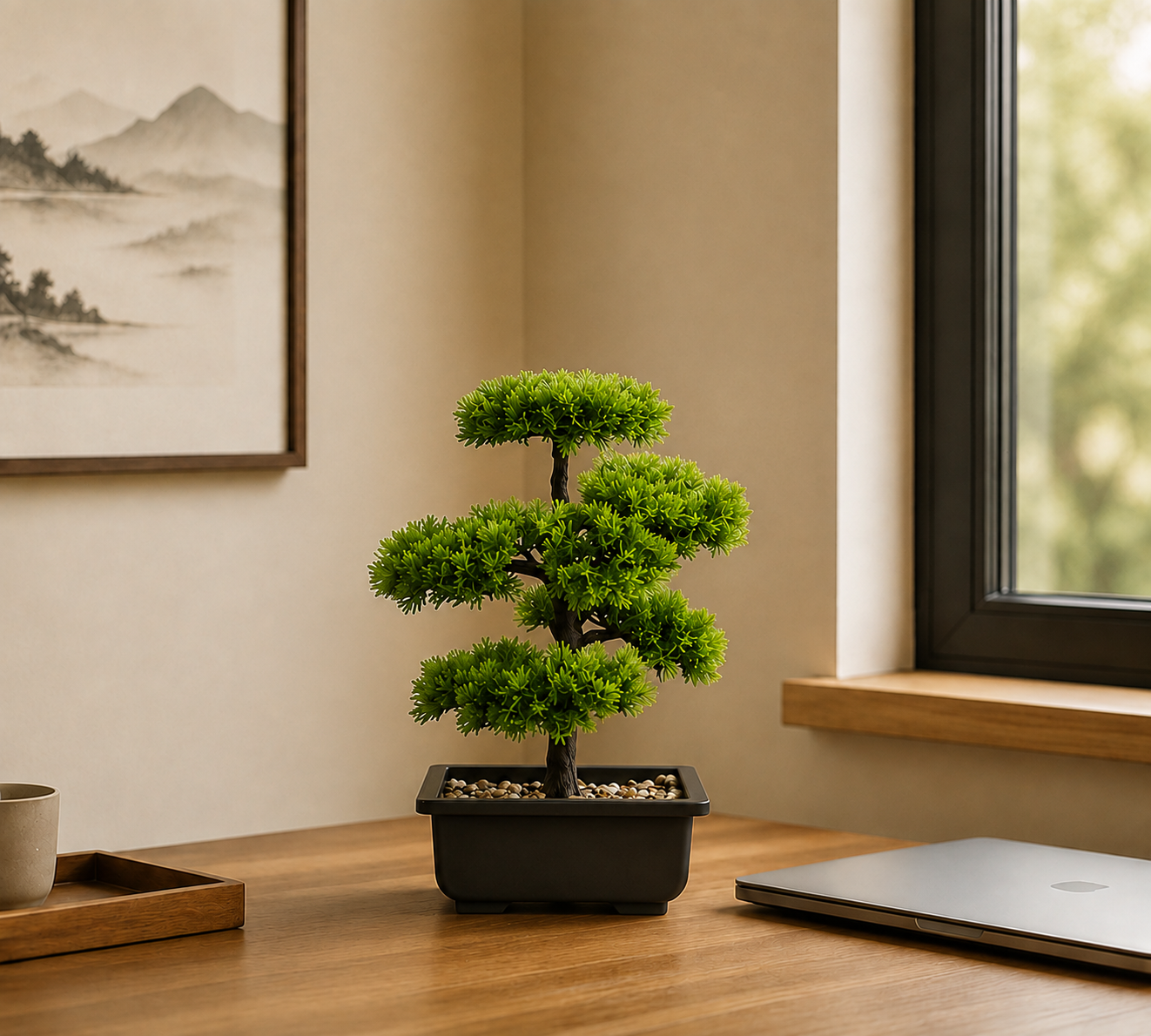 Bonsaï artificiel Daichi Mavoryu sur bureau en bois dans un intérieur Japandi lumineux