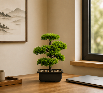 Bonsaï artificiel Daichi Mavoryu sur bureau en bois dans un intérieur Japandi lumineux