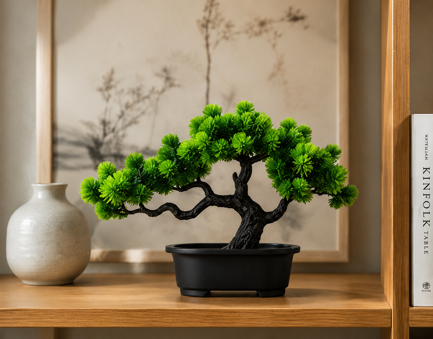 Bonsaï artificiel Kaito en pot noir sur une étagère en bois dans une décoration Japandi minimaliste