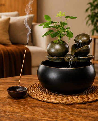 Fontaine d'intérieur Mizumi sur une table en bois dans un salon au style Japandi.