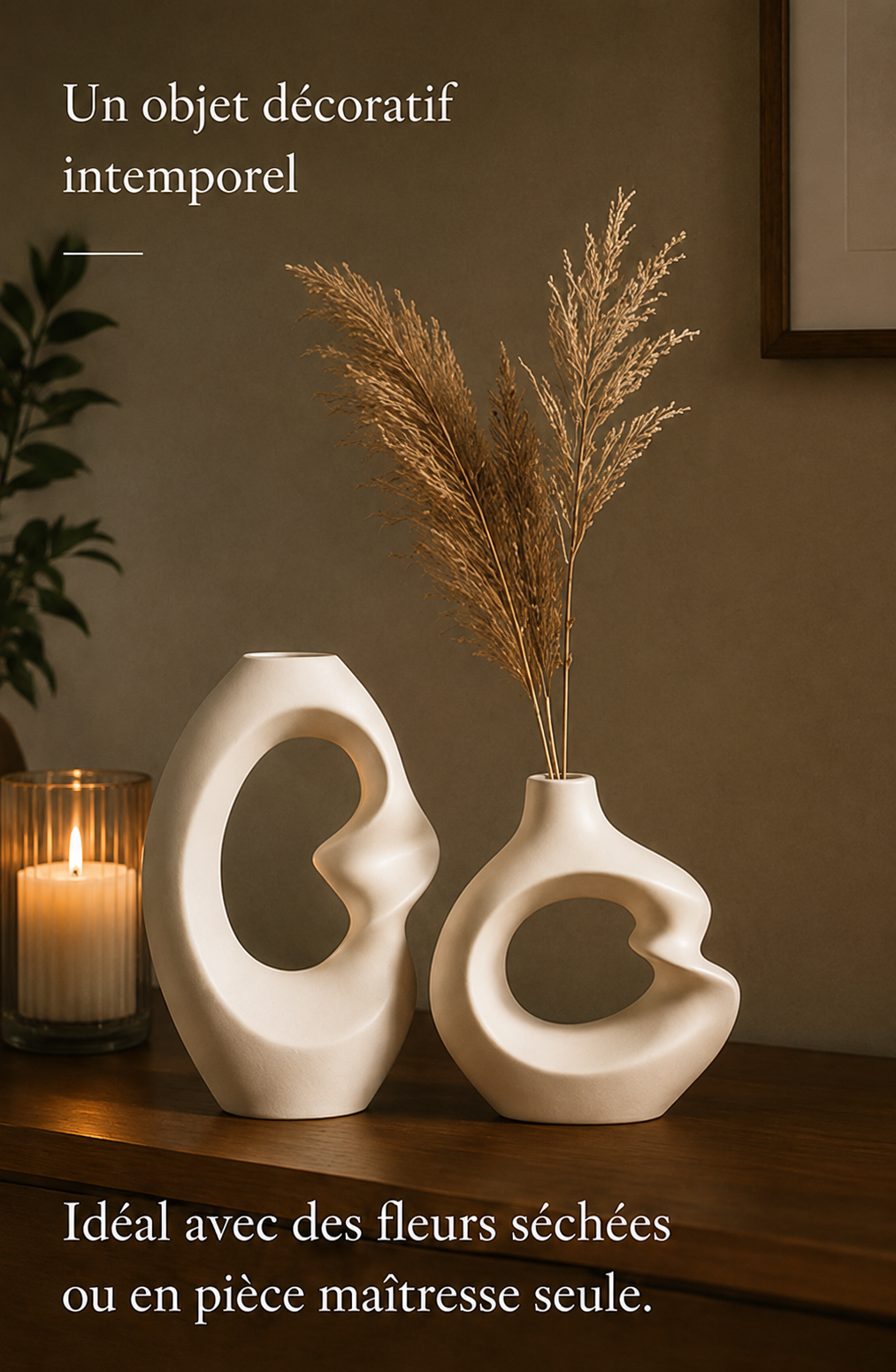 Vases décoratifs Nagomi en céramique blanche sur un meuble en bois avec fleurs séchées dans un intérieur zen.