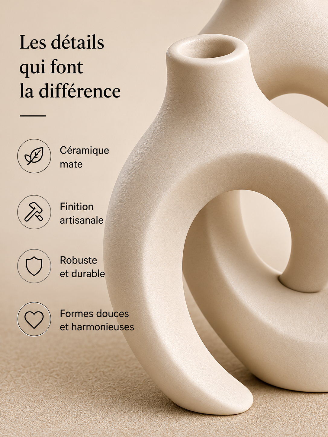 Gros plan du vase décoratif Ensō en céramique mate mettant en valeur sa finition artisanale et son design sculptural.