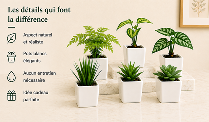 Lot de 6 plantes artificielles Sakura avec feuillage réaliste, pots blancs élégants et décoration sans entretien.