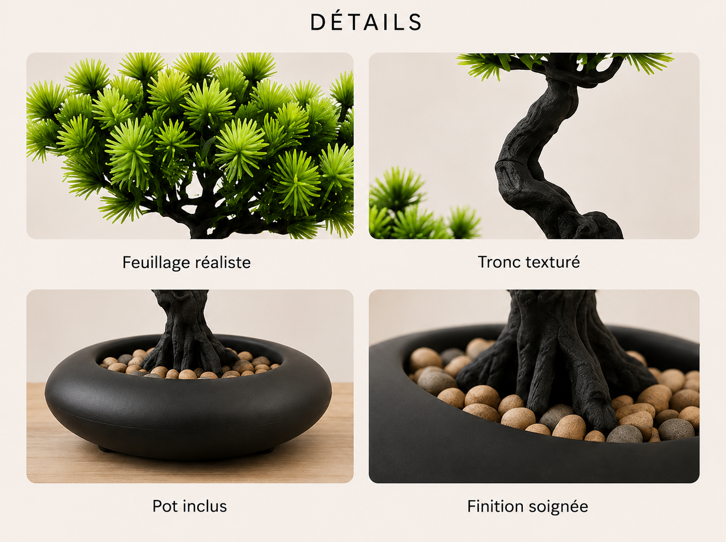 Détails du bonsaï artificiel Katsuro : feuillage réaliste, tronc texturé, pot noir et finition soignée.
