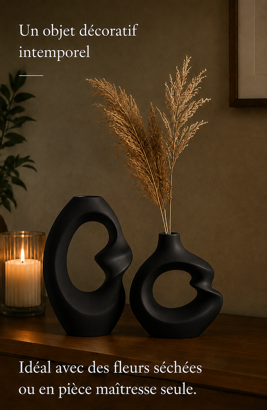 Ensemble de vases décoratifs Irumi en céramique noire avec fleurs séchées pour une décoration chaleureuse et intemporelle.