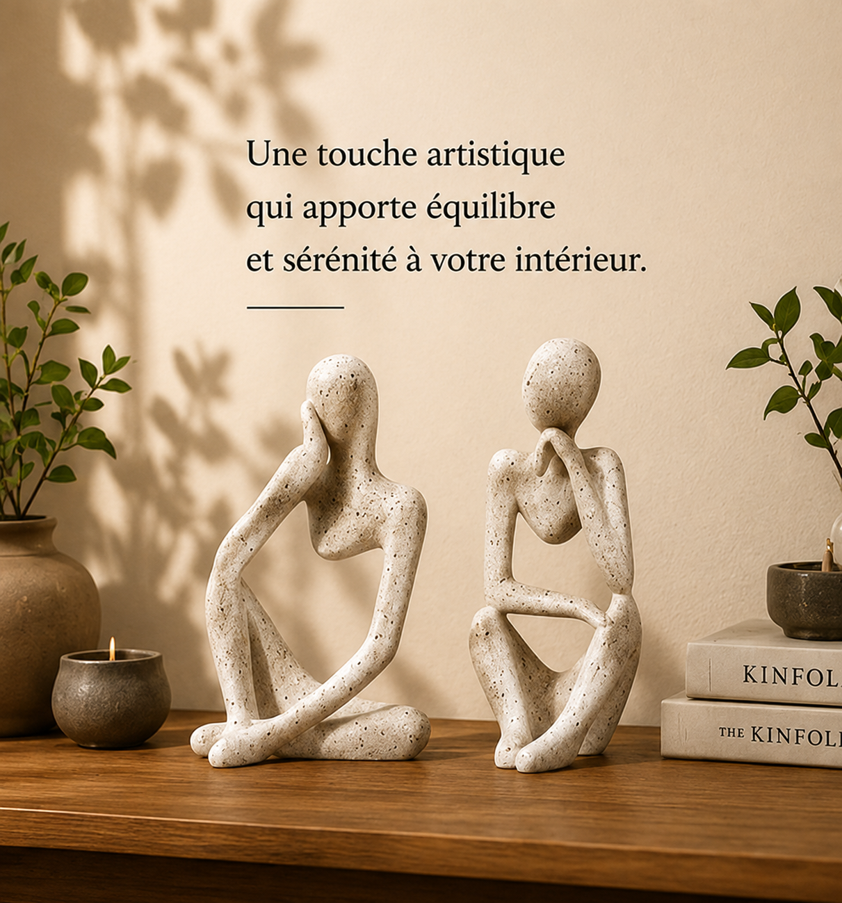 Lot de 2 sculptures abstraites Shizuka en résine effet pierre, décoration zen pour salon, bureau ou bibliothèque.