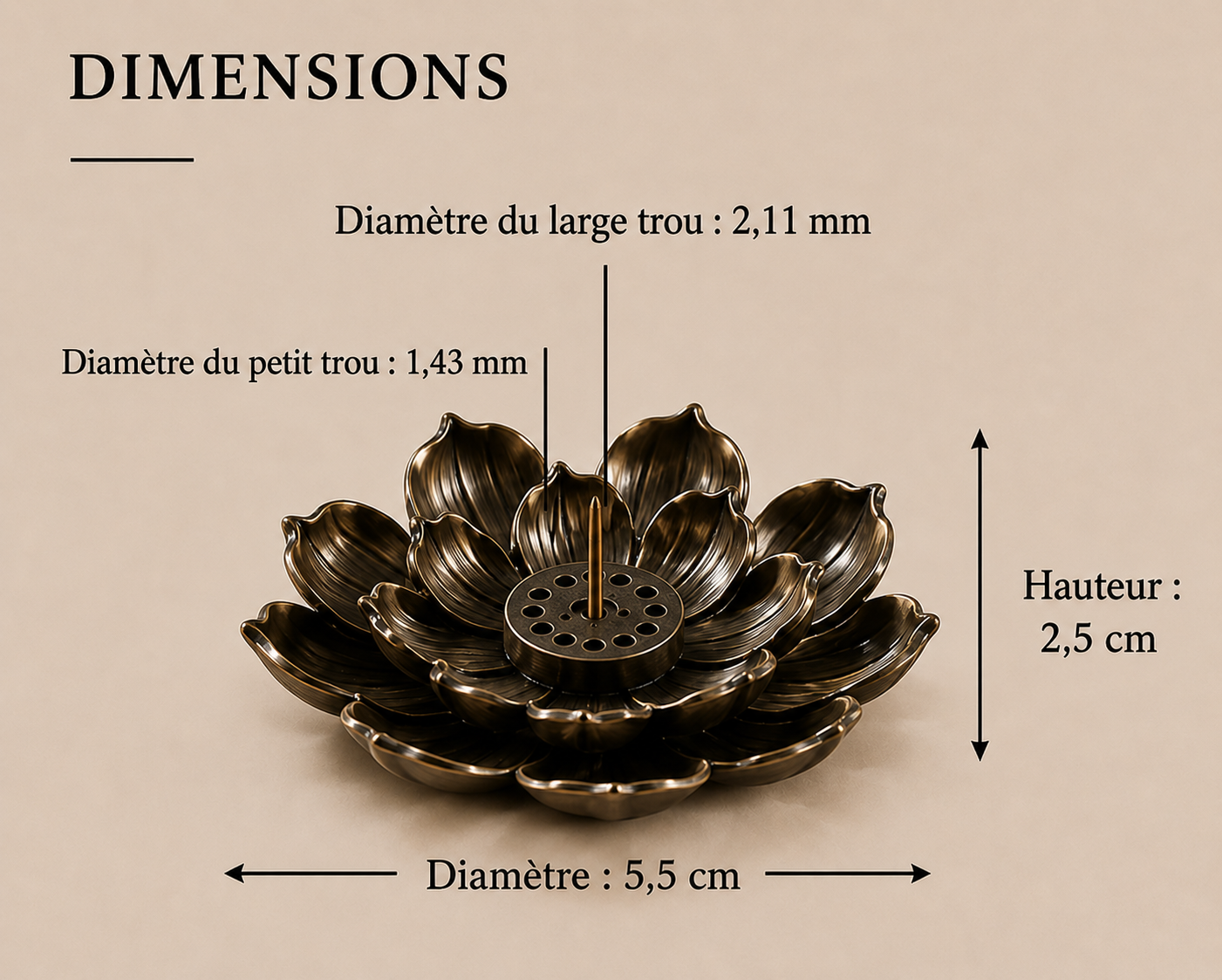Dimensions du porte-encens lotus Hasu en alliage bronze, diamètre 5,5 cm et hauteur 2,5 cm.