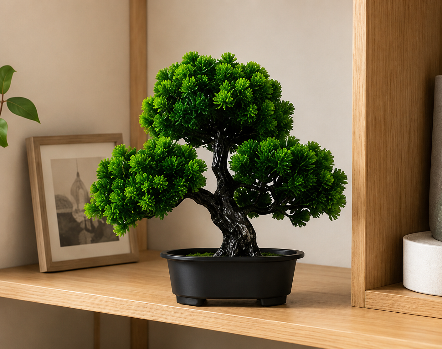 Bonsaï artificiel Renji en pot noir sur une étagère en bois dans une décoration Japandi élégante