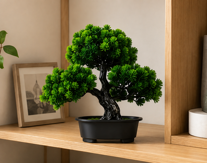 Bonsaï artificiel Renji en pot noir sur une étagère en bois dans une décoration Japandi élégante