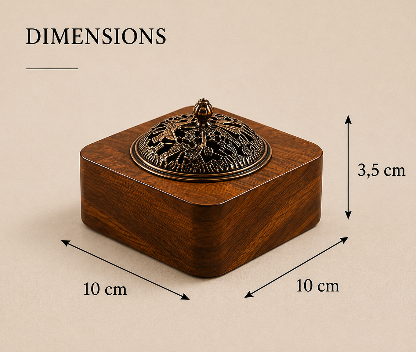 Dimensions du brûleur d'encens Kazen Mavoryu en bois massif 10 × 10 × 3,5 cm