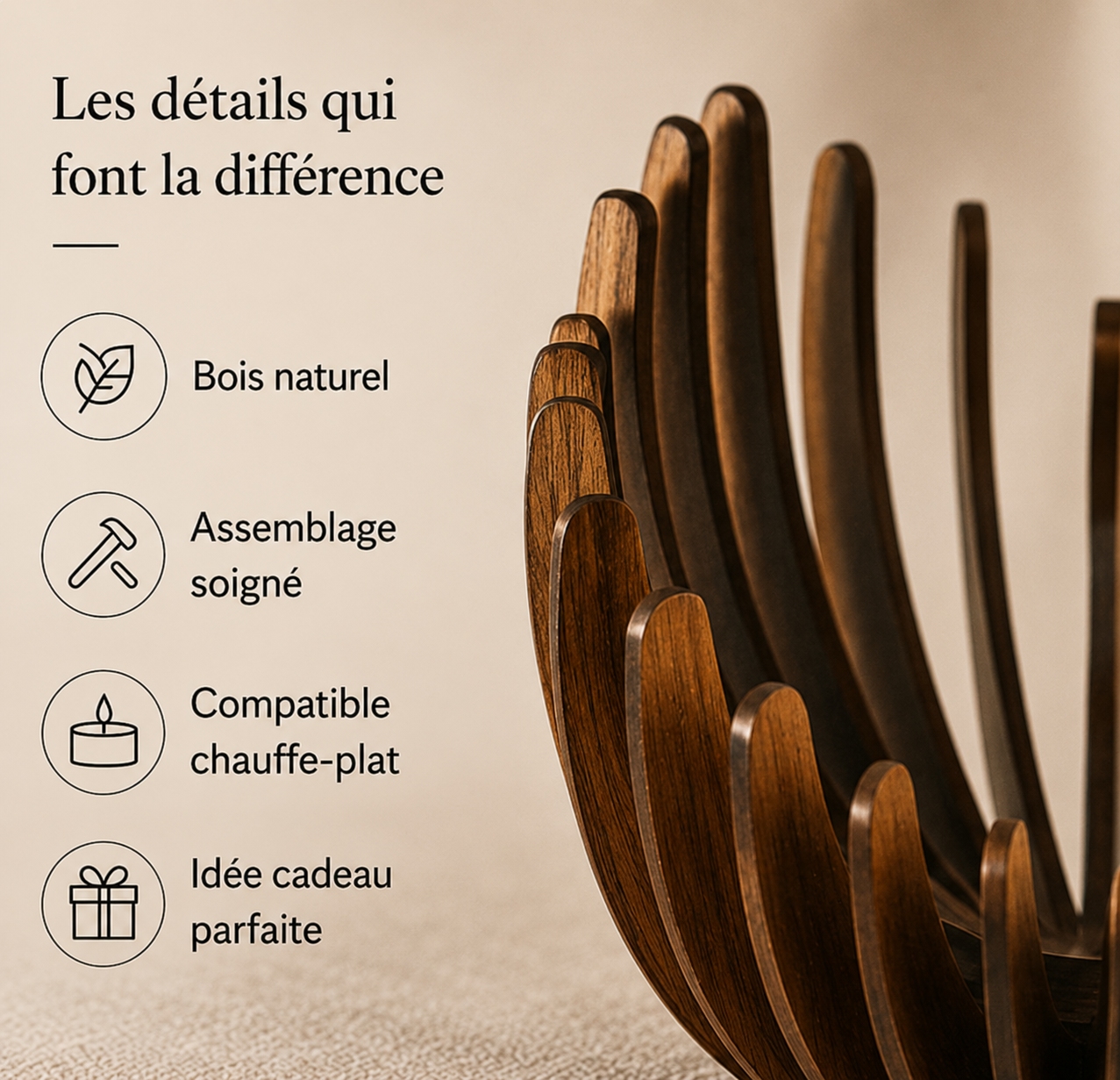 Détails du photophore Akari en bois naturel compatible avec une bougie chauffe-plat, assemblage soigné et idée cadeau