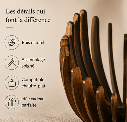 Détails du photophore Akari en bois naturel compatible avec une bougie chauffe-plat, assemblage soigné et idée cadeau