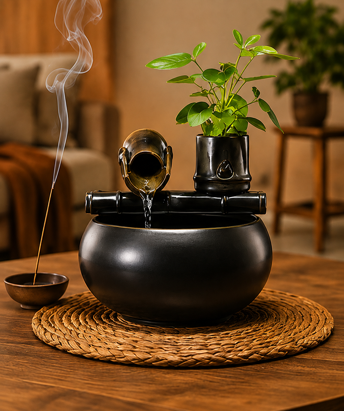Fontaine d'intérieur Shizuku sur une table en bois dans un salon au style Japandi.