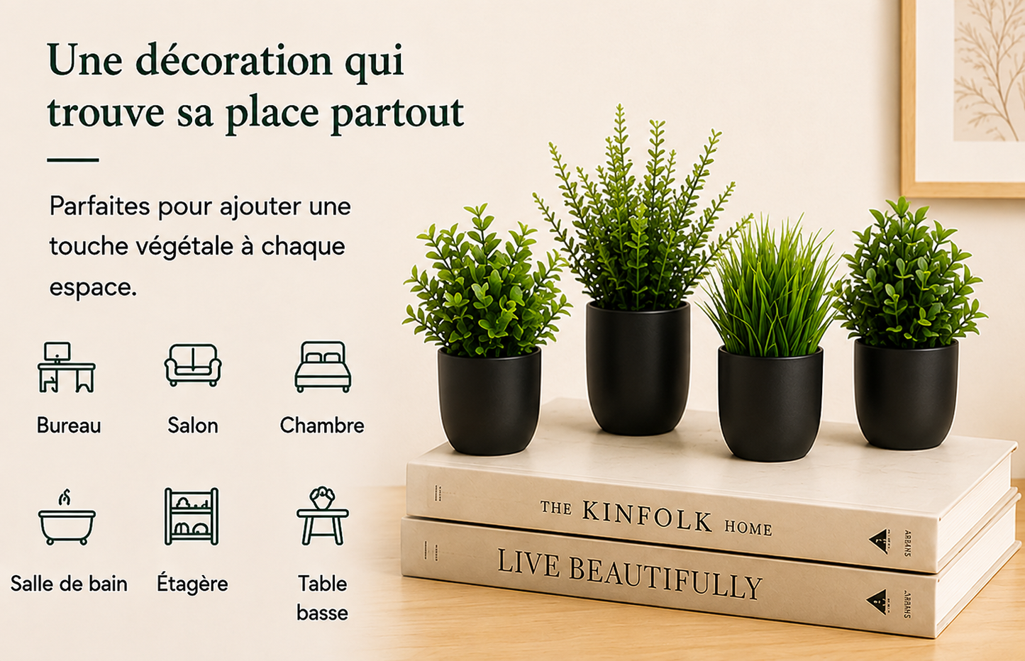 Lot de 4 mini plantes artificielles Haruki en pots noirs, décoration végétale idéale pour bureau, salon, chambre ou salle de bain.