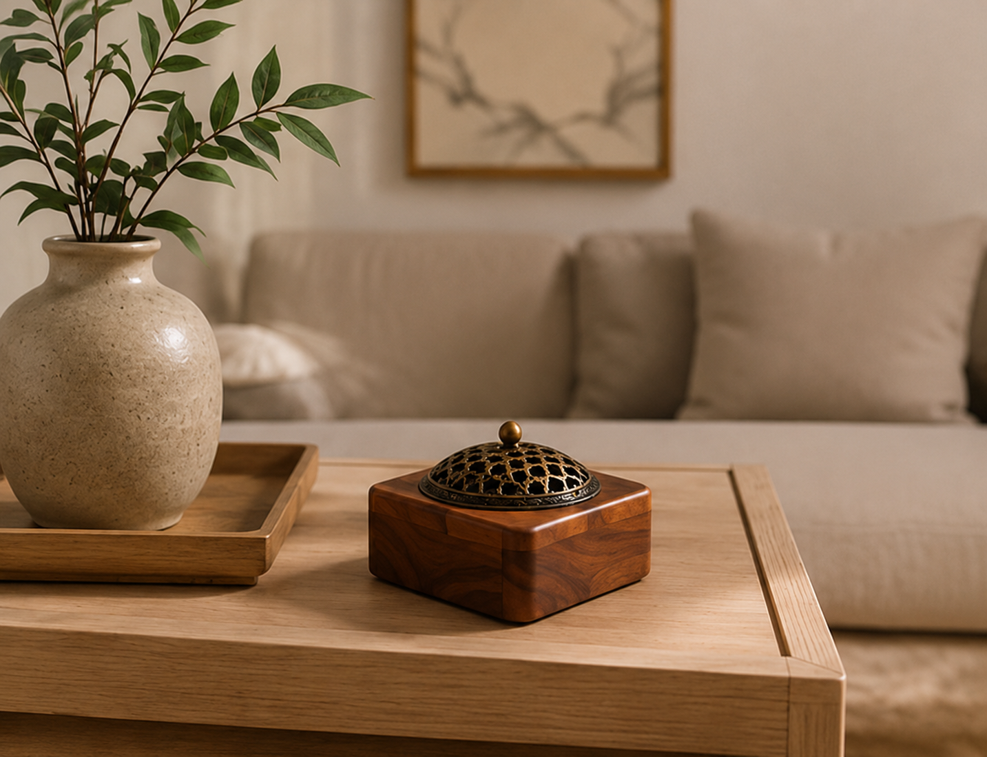 Brûleur d'encens Kōrin Mavoryu en bois massif sur une table basse dans un salon zen Japandi