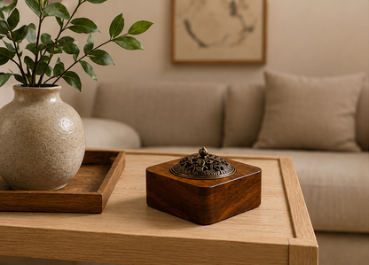 Brûleur d'encens Kazen Mavoryu en bois massif sur une table basse dans un salon zen minimaliste
