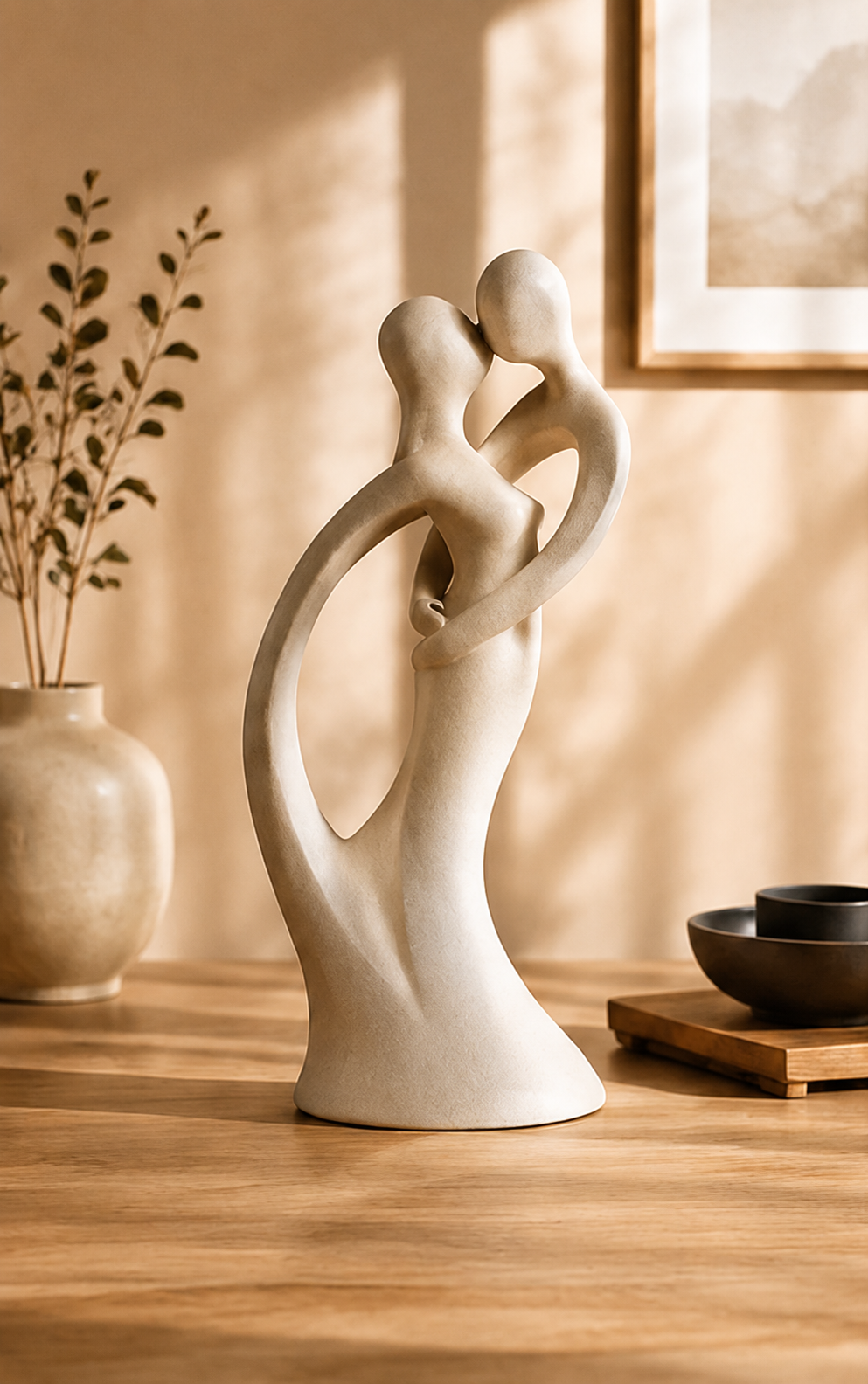 Sculpture Aiko en résine dans un salon zen à l'ambiance chaleureuse et minimaliste.