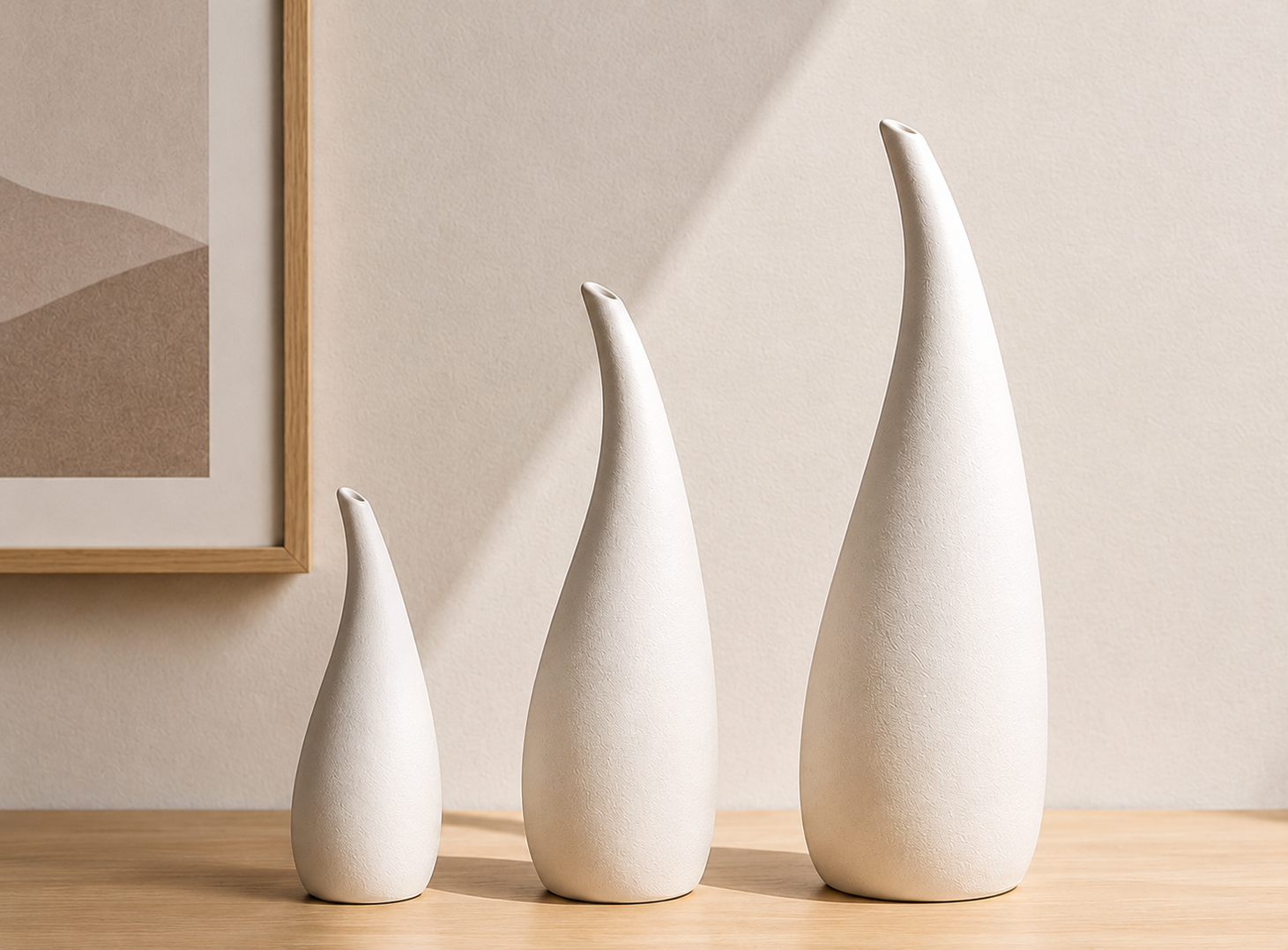Collection de vases Hikari en céramique blanche disponibles en trois tailles.