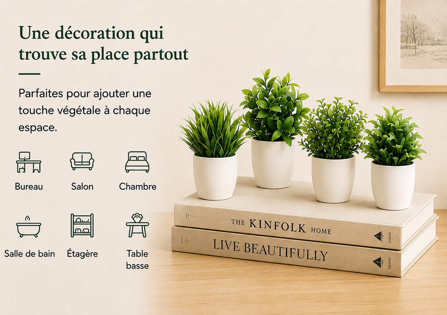 Lot de 4 mini plantes artificielles Kiyomi en pots blancs, décoration végétale pour bureau, salon, chambre ou salle de bain.