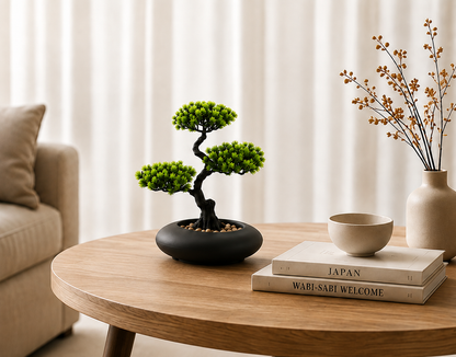 Bonsaï artificiel Katsuro Mavoryu sur table basse en bois dans un salon Japandi minimaliste