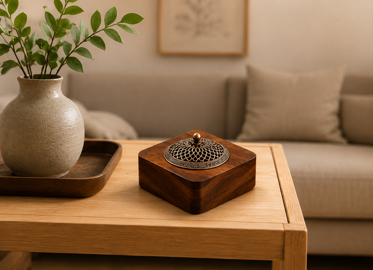 Brûleur d'encens Shizen Mavoryu en bois massif sur table basse dans un salon Japandi