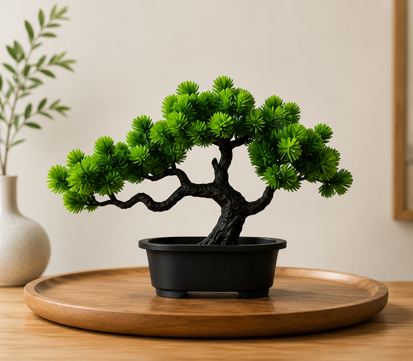 Bonsaï artificiel Kaito présenté sur un plateau en bois dans un intérieur zen et épuré