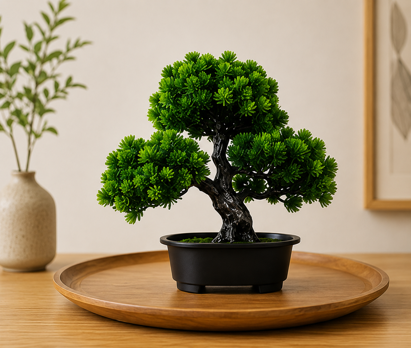 Bonsaï artificiel Renji présenté sur un plateau en bois dans un intérieur zen et minimaliste