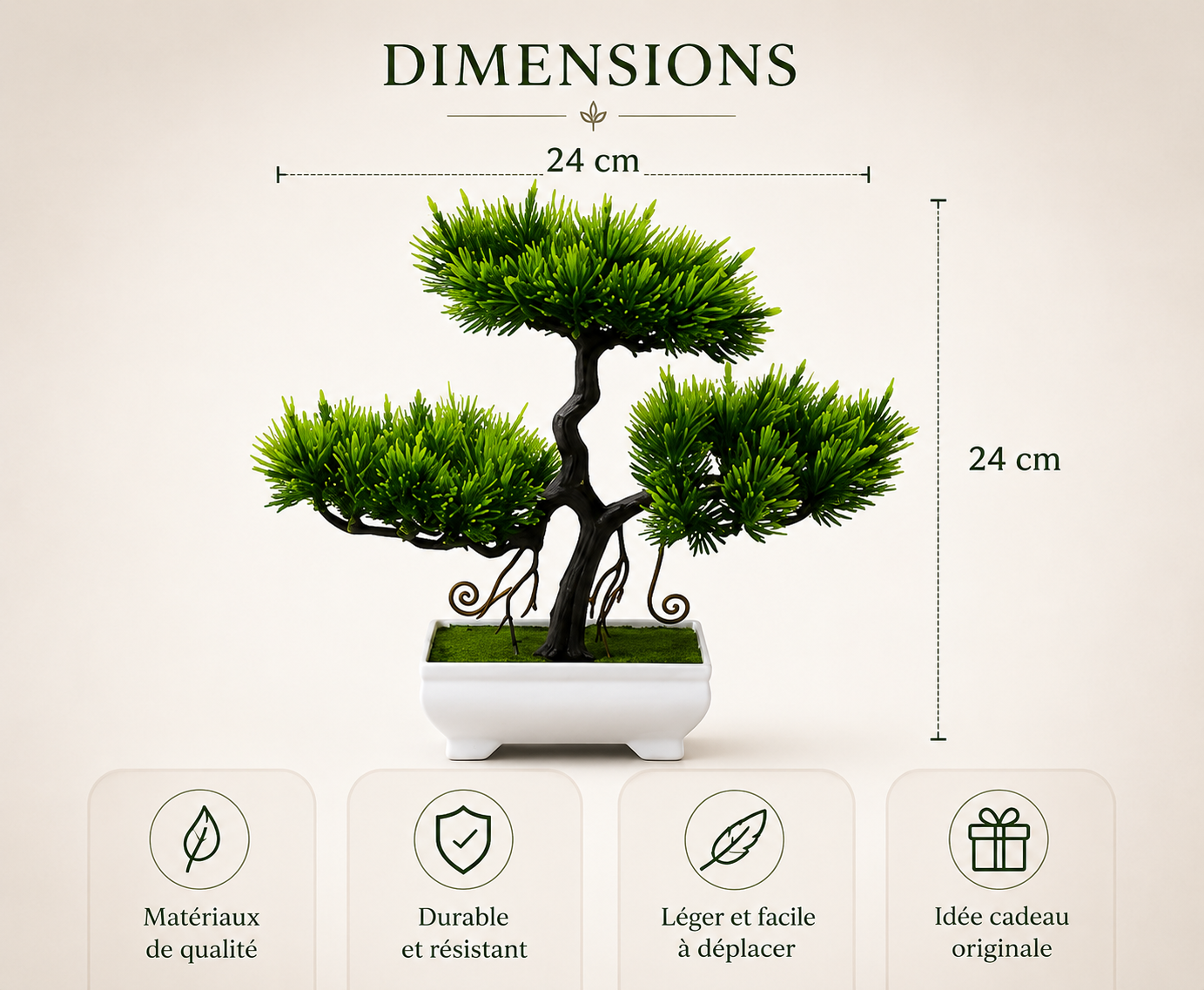 Dimensions du bonsaï artificiel Takumi – 24 cm de largeur et 24 cm de hauteur