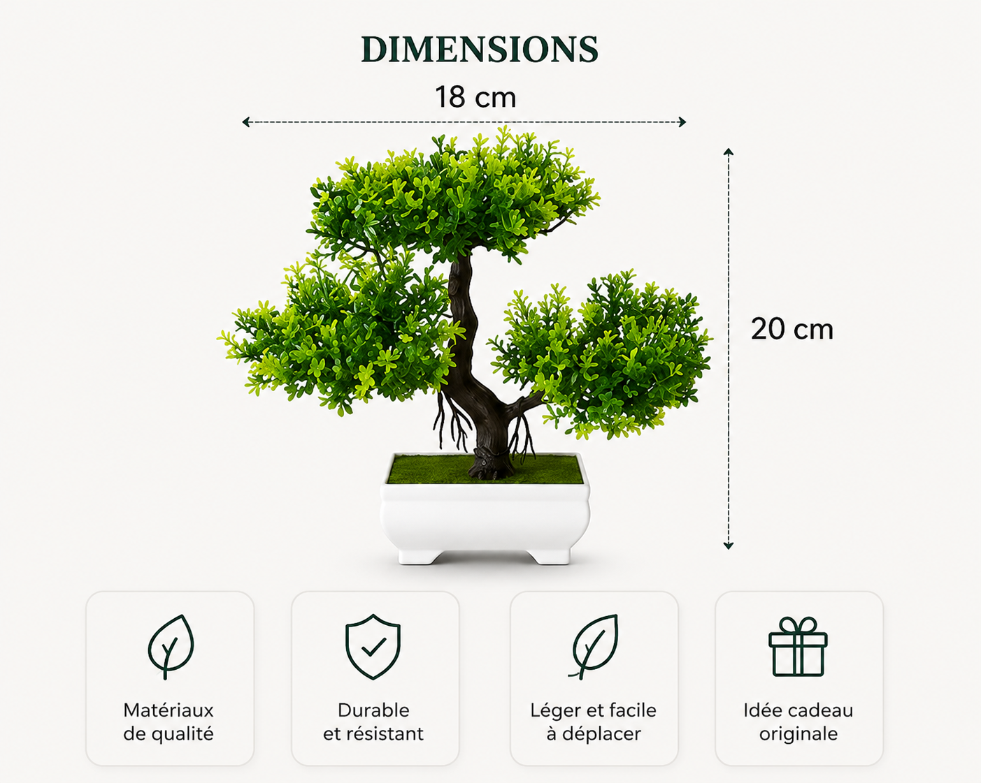 Dimensions du bonsaï artificiel Akira – 18 cm de largeur et 20 cm de hauteur