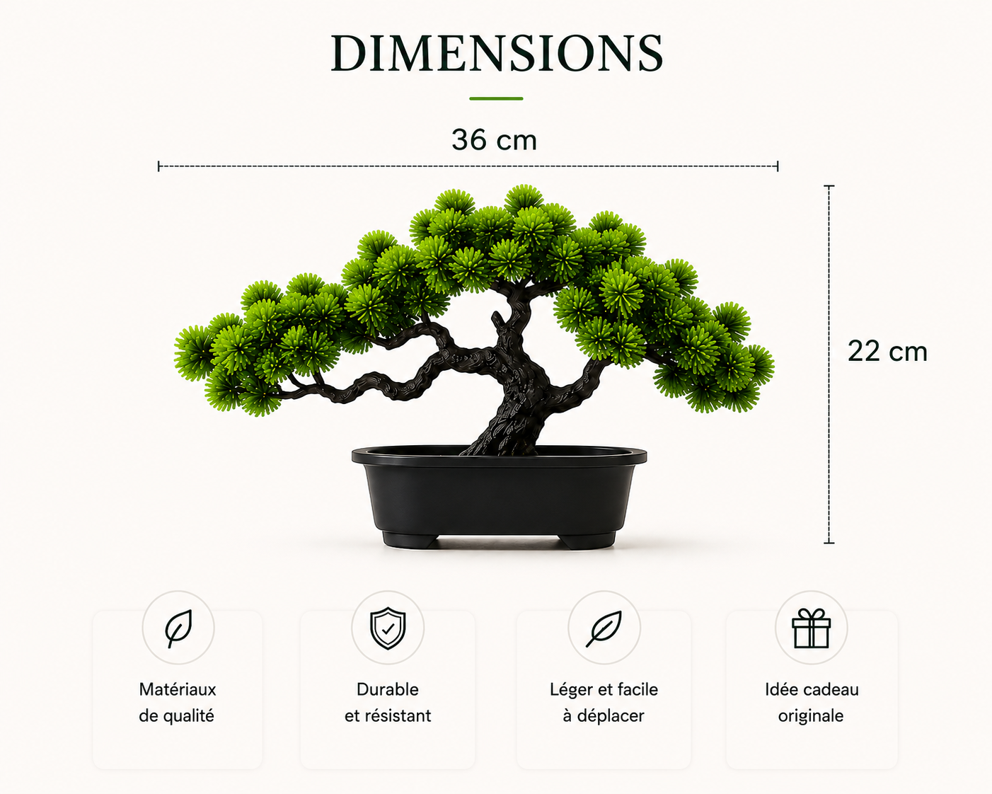 Dimensions du bonsaï artificiel Kaito – 36 cm de largeur et 22 cm de hauteur