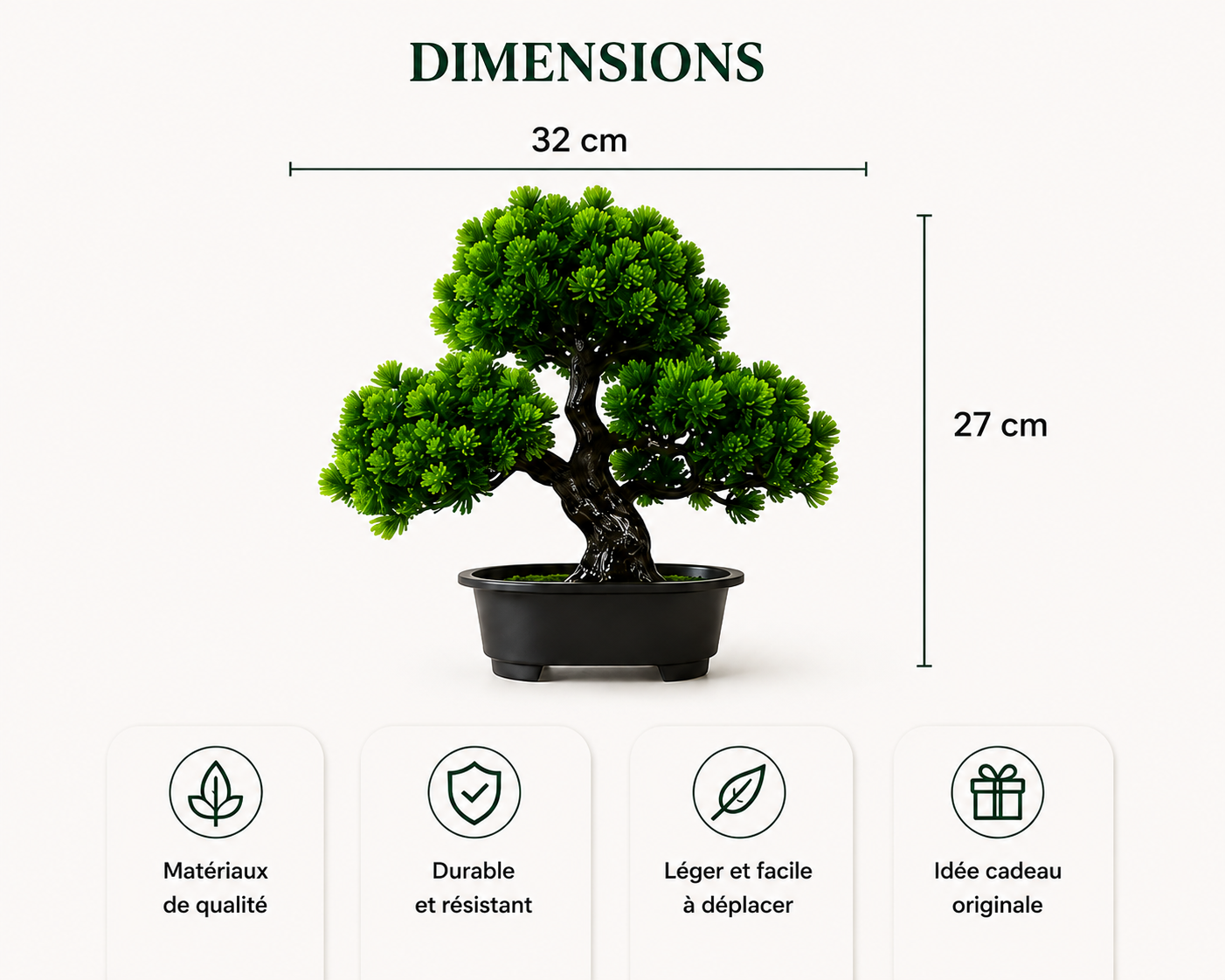 Dimensions du bonsaï artificiel Renji – 32 cm de largeur et 27 cm de hauteur
