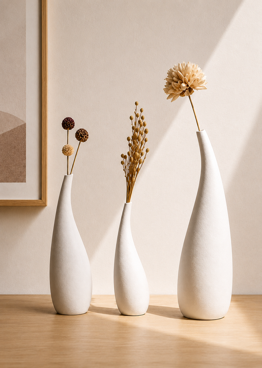 Vases Hikari en céramique blanche avec fleurs séchées dans un intérieur zen et minimaliste.