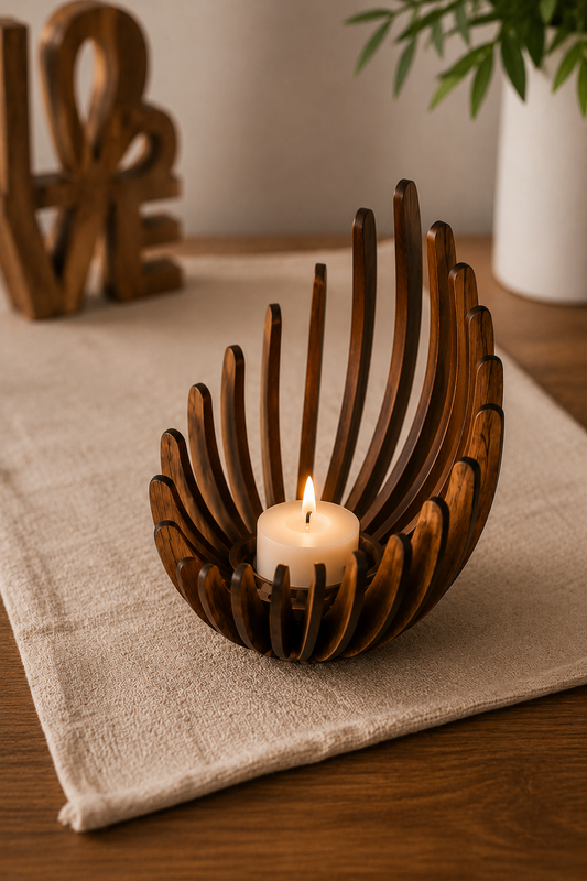 Photophore Akari en bois naturel avec bougie chauffe-plat sur une table en bois dans une décoration Japandi