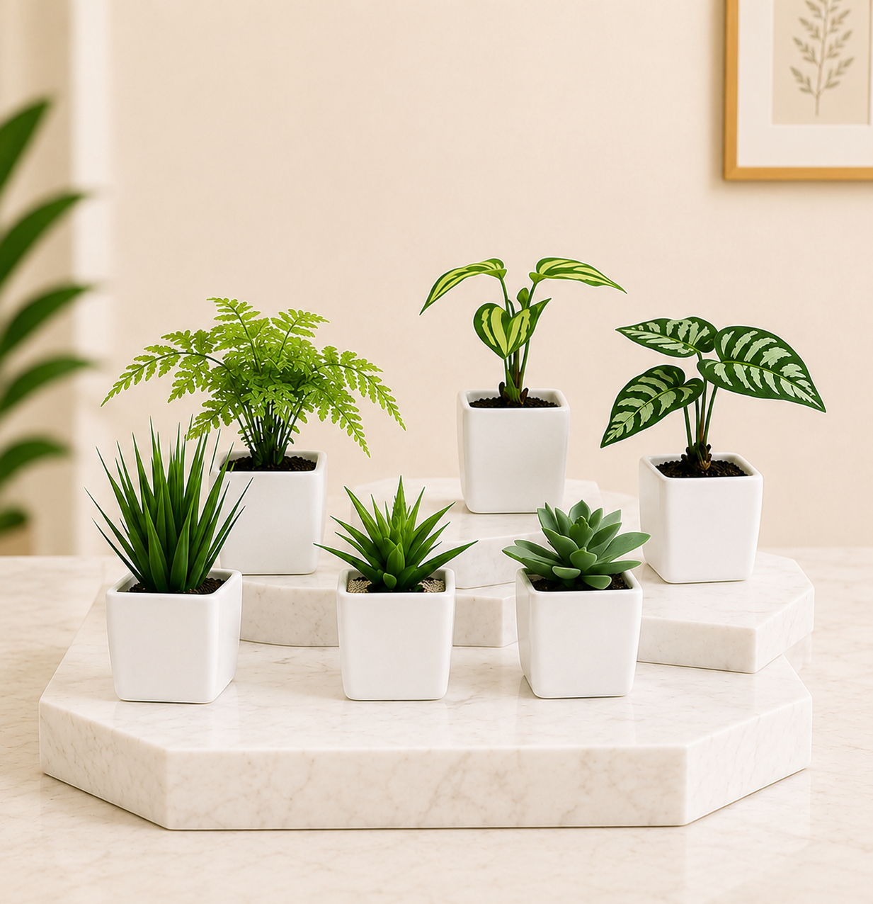 Lot de 6 mini plantes artificielles Sakura en pots blancs, décoration végétale moderne pour intérieur zen et naturel.