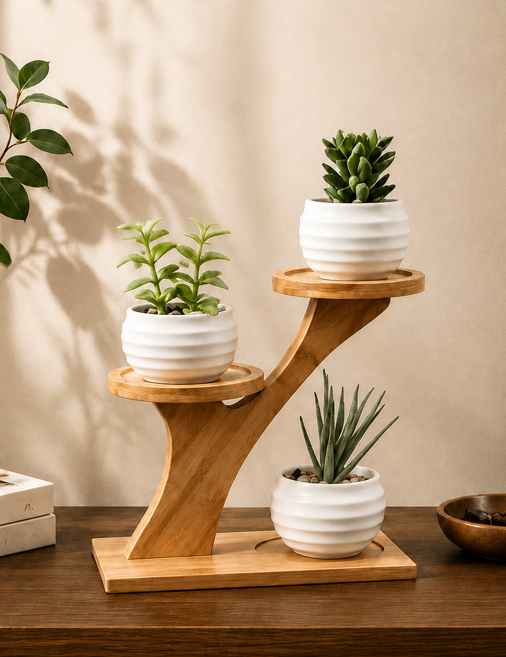Support à plantes en bambou à trois niveaux avec mini plantes artificielles en pots blancs, décoration naturelle pour intérieur moderne.