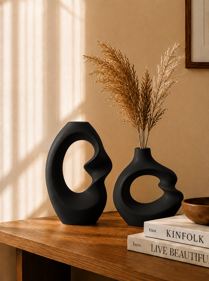 Vases décoratifs Irumi en céramique noire avec fleurs séchées sur un meuble en bois dans un intérieur Japandi élégant.
