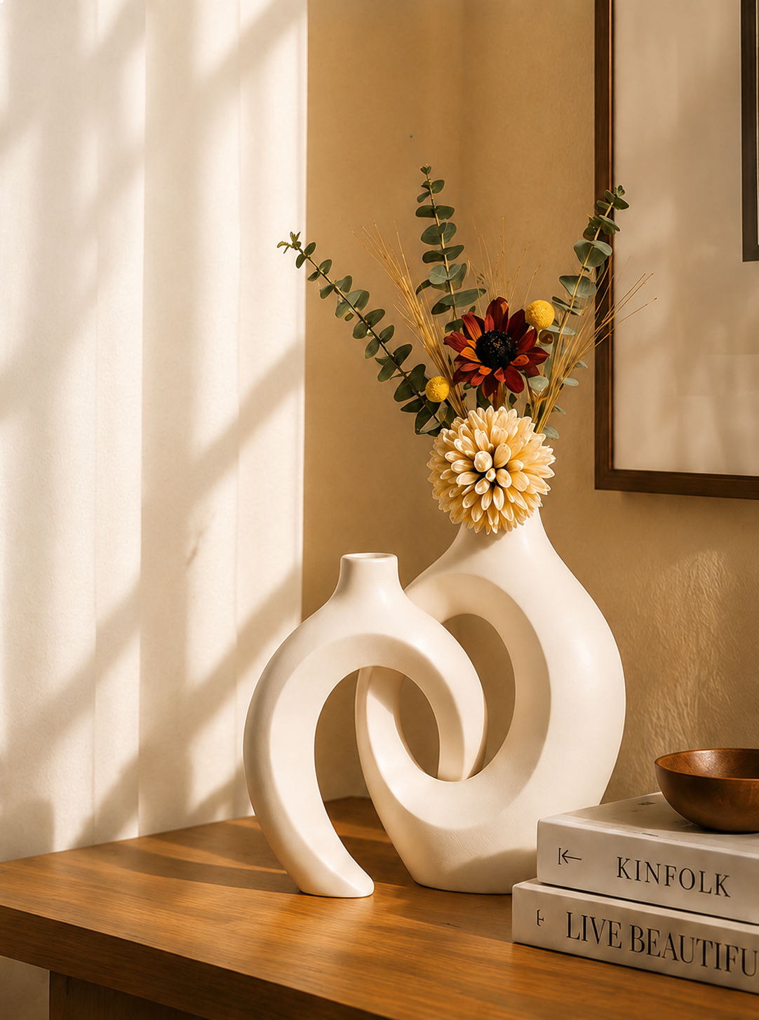 Vases décoratifs Ensō en céramique beige avec composition de fleurs séchées dans un intérieur Japandi chaleureux.